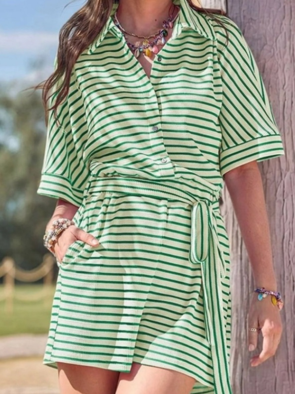 Green Striped Women's Swim Cover-Up Romper with Belt